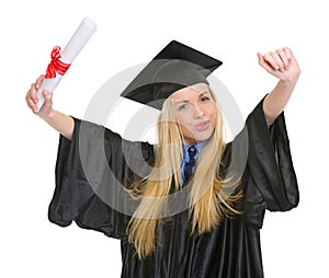 Happy young woman in graduation gown with diploma
