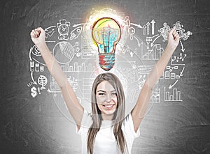 Happy young woman, hands in the air, business idea