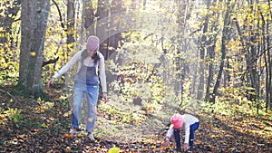 Happy young woman having fun and throwing yellow leaves at autumn forest