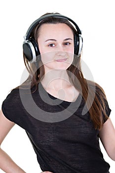 Happy young woman with headphones on white background