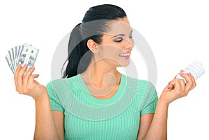 Happy Young Woman Holding Bulb