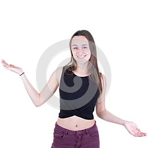 Happy young woman holding copyspace on both two palms