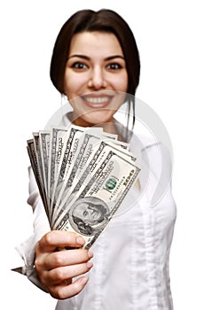 Happy young woman holding money