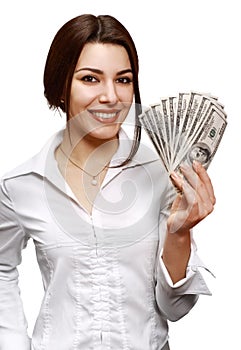 Happy young woman holding money