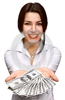 Happy young woman holding money