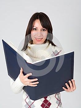 Happy young woman holding an portfolio, isolated