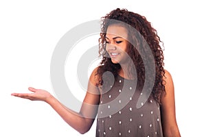 Happy Young Woman Isolated Presenting On White Background