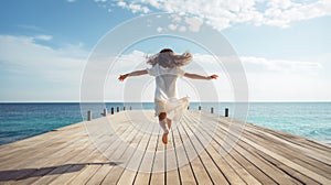 happy young woman jumping on wooden pier at beautiful beach in summer vacation Generative AI