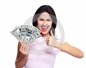 Happy young woman with money.