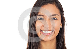 Happy young woman with perfect smile isolated white background
