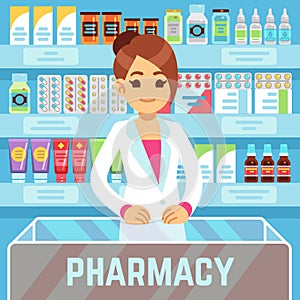 Happy young woman pharmacist sells medications in pharmacy interior. Pharmacology and healthcare vector concept