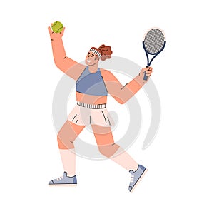 Happy young woman pitching tennis ball with racket flat style