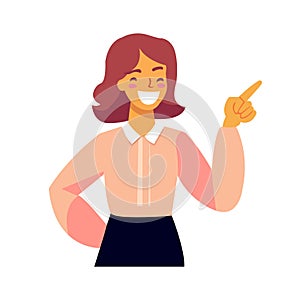 Happy young woman pointing and showing smile with hand. Smiling secretary or businesswoman explaining and presenting smth