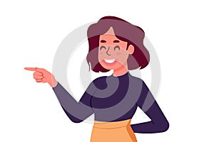 Happy young woman pointing and showing smile with hand. Smiling secretary or businesswoman explaining and presenting smth