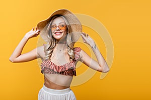 happy young woman in ruffle bikini