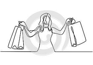 Happy young woman with shopping bags. Continuous one line drawing of girl buying things. Minimalism and simplicity vector