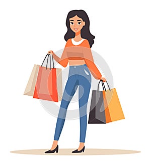 Happy young woman shopping with multiple bags, smiling female shopper in casual clothes, fashion and retail vector