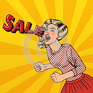 Happy Young Woman Shouting Sale. Big Sale Poster. Pop Art