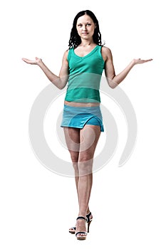 Happy young woman showing copy space, isolated on white
