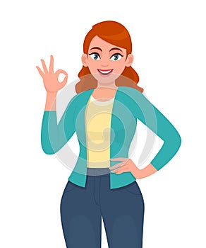 Happy young woman showing okay sign. Trendy smiling girl making OK or cool gesture with hand fingers. Female character design.