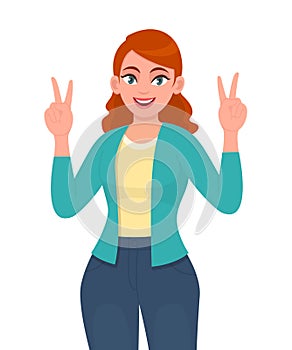 Happy young woman showing victory or V sign. Trendy smiling girl making peace or two gesture with hand fingers. Female character.