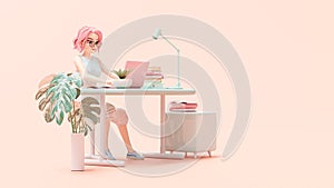 Happy young woman sitting on chair. enjoys studying learning and researching information from computer.