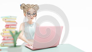 Happy young woman sitting on chair. enjoys studying learning and researching information from computer.