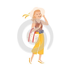 Happy Young Woman Tourist Sightseeing, Girl Visiting New Countries and Travelling on Summer Vacation Cartoon Vector