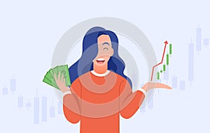 Happy young woman trading stocks, cryptocurrency, market get profit,hold cash, investing concepts, Candlestick graph buy and sell