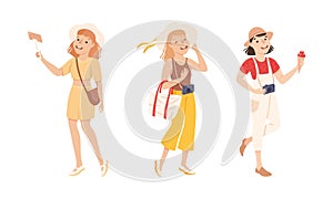 Happy young woman travelling on summer vacation set. Smiling girl tourists with cameras cartoon vector illustration