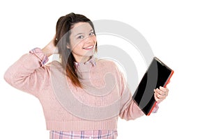 Happy young woman using tablet pc hands on head showers