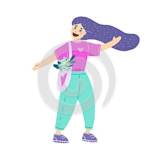 Happy young woman walk, modern flat vector illustration. Smiling cartoon character