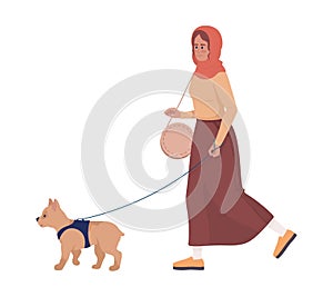Happy young woman walking dog on leash semi flat color vector character