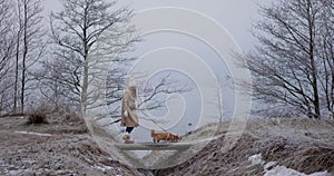 Happy young woman walking with her welsh corgi pembroke puppy, winter nature