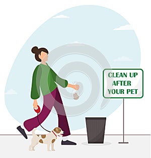 Happy young woman walking with his dog, cleaning up after the pets concept, environmental protection concept