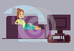 Happy young woman watching tv and lying on sofa. Recreation pastime vector concept