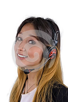 Happy young woman working at call center