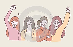 Happy young women stand and cheer up together. Girl power concept, hand-drawn style vector illustration