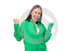 Happy young 30 year old european brunette woman model with long hair and brown eyes dressed in casual green shirt