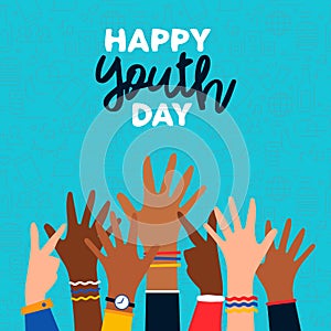 Happy Youth Day card of diverse teen hand group