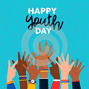 Happy Youth Day card of diverse teen hand group photo