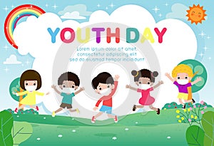 Happy youth day for new normal lifestyle concept Template for advertising brochure or poster flyer, group cute teen wearing mask
