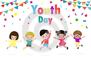 Happy youth day Teen people group of diverse girls and boys jumping together in flat style Template for advertising brochure