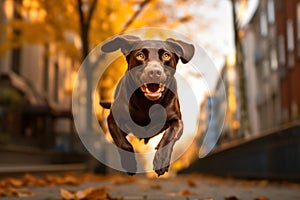 A happydog runs through the autumn forest. against the orange leaves .Generative Ai. photo