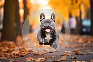 A happydog runs through the autumn forest. against the orange leaves .Generative Ai. photo