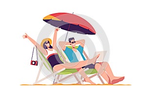 Happye couple relaxing while sitting in lounge deck chair at the beach under umbrella. Vector illustration