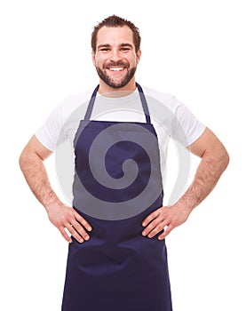 HappyHappy man with blue apron