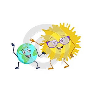 Happyl grandmother sun in glasses and dancing grandson planet earth with faces, arms and legs