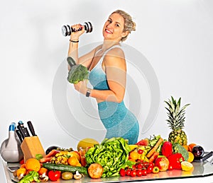 Happyl lady with fruit and vegetables  on white background - Image