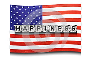 Happyness. Word on stone blocks, on the background of the flag of America. Isolated on white background. Design element. Vacation